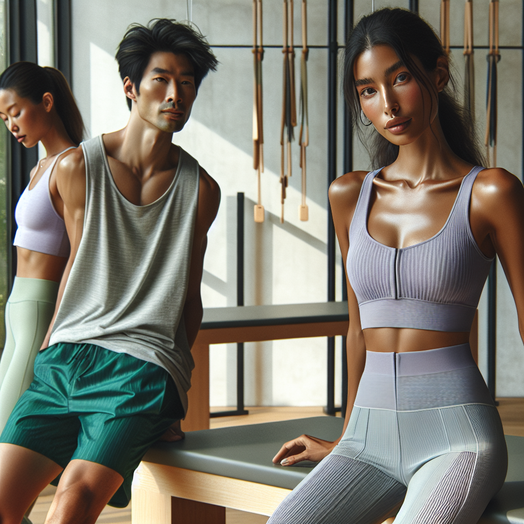Stunning Outfits for Pilates Class: Effortless Style Create a detailed image featuring three individuals - an Asian male, a Black female, and a Hispanic female - engaged in a Pilates session. They should be stylishly outfitted, with their attire defining effortless, casual, yet trendy style. The Asian male is wearing a grey loose tank top and vibrant, deep green breathable shorts. The Black female sports a lavender athletic bra paired with matching high-waist leggings, and the Hispanic female shows off a monochrome look in light blue - a comfortable racerback top and stretchy yoga pants. The setting is an airy, modern Pilates studio with glass walls and hardwood flooring.