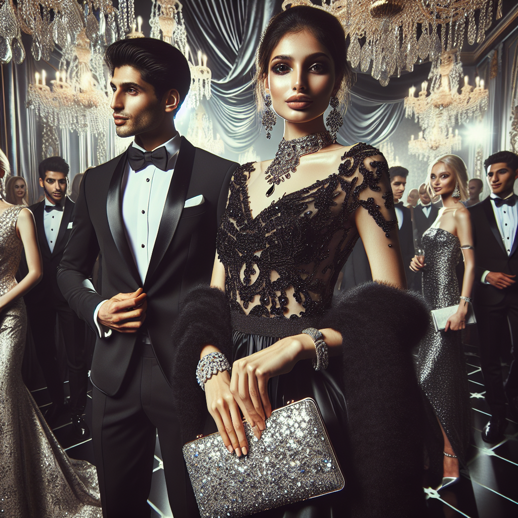 Imagine a scene of an elaborate Black Tie Gala event, filled with people displaying their best attire. The main focus of the image is a South Asian woman in an elegant black evening gown, adorned with shimmering accessories. She's confidently holding a sparkly clutch and wearing a pair of stylish high heels. In addition, there's a Middle-Eastern man displaying a crisp black tuxedo with a white shirt, bow tie, and polished loafers. The atmosphere is filled with elegance and sophistication, with crystal chandeliers overhead, luxurious draperies, and elegantly dressed guests engaged in cheerful conversation.