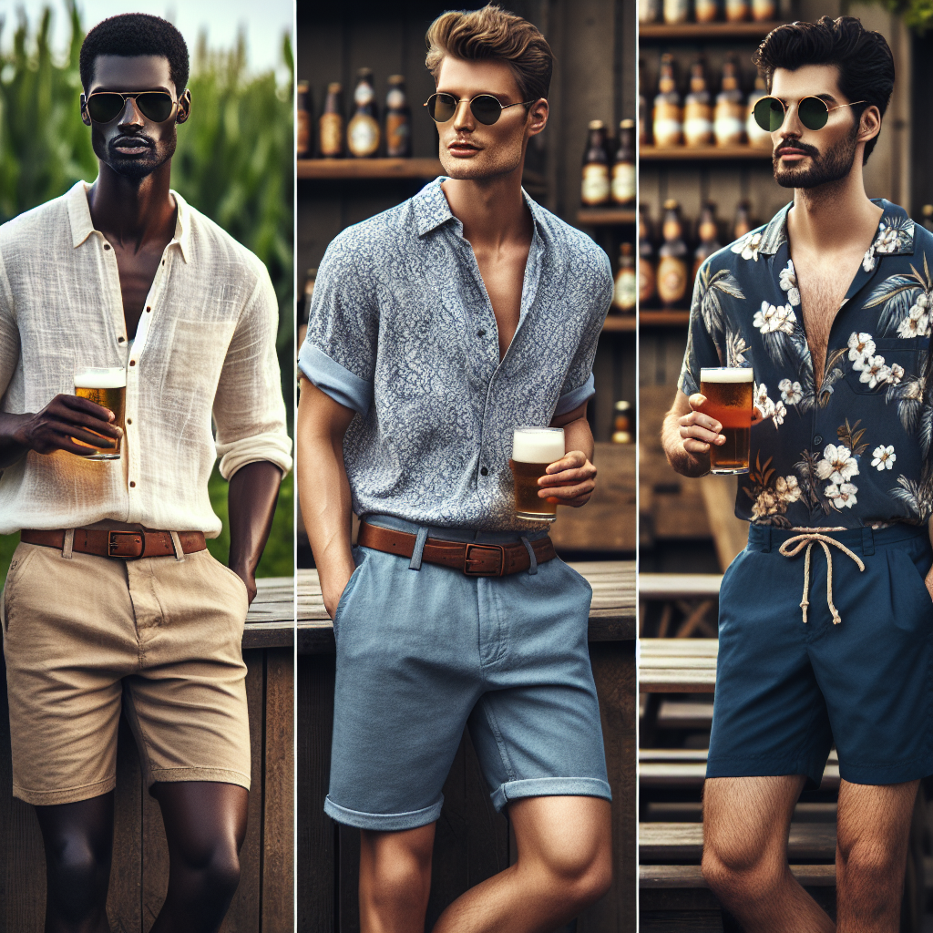 Visualize a fashion spread for a summer men's style guide. The scene is set at a charming rustic brewery under the sun-soaked sky. Include three men each of distinct descents - Black, Caucasian, and Middle-Eastern, flaunting their unique summer styles. The first man is sporting a light linen shirt paired with chino shorts, the second man is rocking a Hawaiian shirt with denim shorts, and the third man is wearing a tasteful polo shirt paired with tailored board shorts. Each of them is accessorized with aviator sunglasses, simple leather sandals, and a cool, frosty pint of craft beer.
