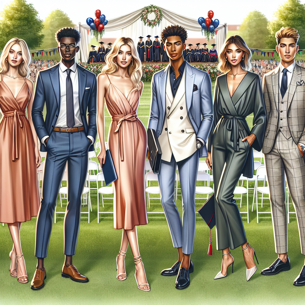 Showcase a collection of stylish outfits ideal for attending a graduation ceremony. Depict six individuals, each representing a different descent: African, Caucasian, Hispanic, Middle Eastern, Asian, and South Asian. Portray three males and three females, all elegantly dressed in a variety of outfits including chic tailored suits, sleek dresses, and sophisticated cocktail wear. The setting should be a lush green lawn peppered with chairs, indicating an outdoor graduation ceremony. A graduation stage festooned with balloons and banners is visible in the background. The individuals should look radiant, confident, and ready to make a positive impression.