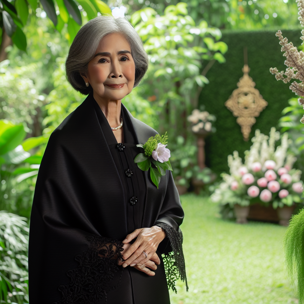 Create an image showcasing respectful funeral attire adhering to Filipino culture and traditions. The image should depict an older Asian woman elegantly dressed in a traditional Filipino, black mourning dress, paired with a simple yet stylish accessory. She stands in a serene garden setting with verdant foliage and blooming flowers.