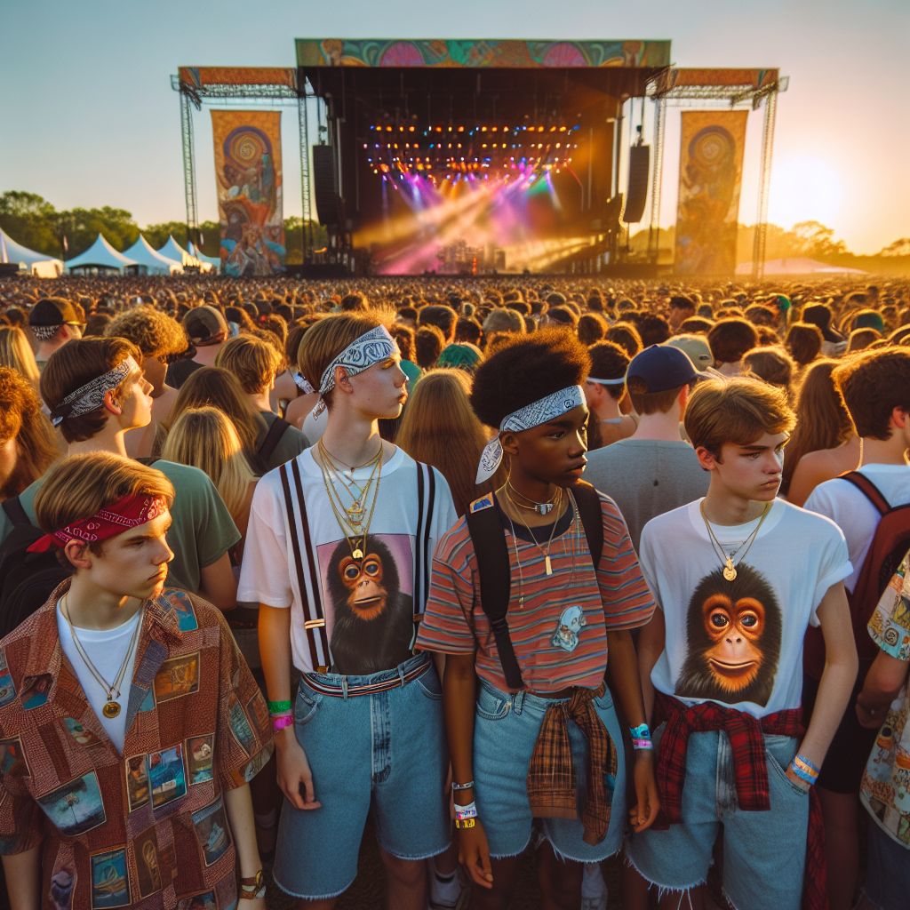 A lively outdoor music festival scene during the golden hour, with the sun low in the sky creating a beautiful soft lighting. The crowd is filled with concert-goers of diverse desecents and genders, dressed in stylish and comfortable casual clothing perfect for a concert setting. They should display unique accessories like bandana headbands, layered jewelry, and artist-themed tees vaguely reminiscent of Childish Gambino's aesthetic. There should be a vibrant stage under the open sky, with colorful lights creating dynamic shadows and depth on the scene, though no specific artist should be depicted.
