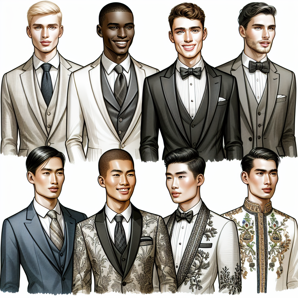 A comprehensive guide to men's wedding attire featuring a variety of styles. A blond Caucasian man donned in a sleek modern monochrome suit. A Black man with a smile exuding confidence as he models in a classic, elegant tuxedo. An Asian man sporting a vintage style suit, serving a dash of old-world charm. Finally, a Middle-Eastern man in a traditional wedding dress, embroidered and ornate. Each outfit is illustrated with precise attention to details such as fit, color, fabric, and accessories, reflecting the personalities and cultural nuances of the men wearing them.