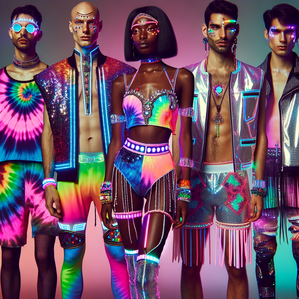 Must-Have Rave Outfits: Effortlessly Stunning Styles Imagine a variety in rave culture outfits that are simply breathtaking and essential for any party-goer. Picture a Caucasian male wearing vibrant, neon-colored pants paired with a flashy, reflective vest. They complement it with unique, holographic accessories. Next to him, see a Black female clad in a dazzling sequined bodysuit, which is accentuated by glow-in-the-dark makeup designs. Picture a Middle-Eastern woman sporting a tie-dye patterned two-piece outfit, bedecked with LED lit, fringe details. A Hispanic man in a futuristic, metallic silver jacket, brightly colored shorts shines next to her. Finally, envision a South Asian man in a captivating outfit that is an acid-colored burst of creatively mixed prints and textures.