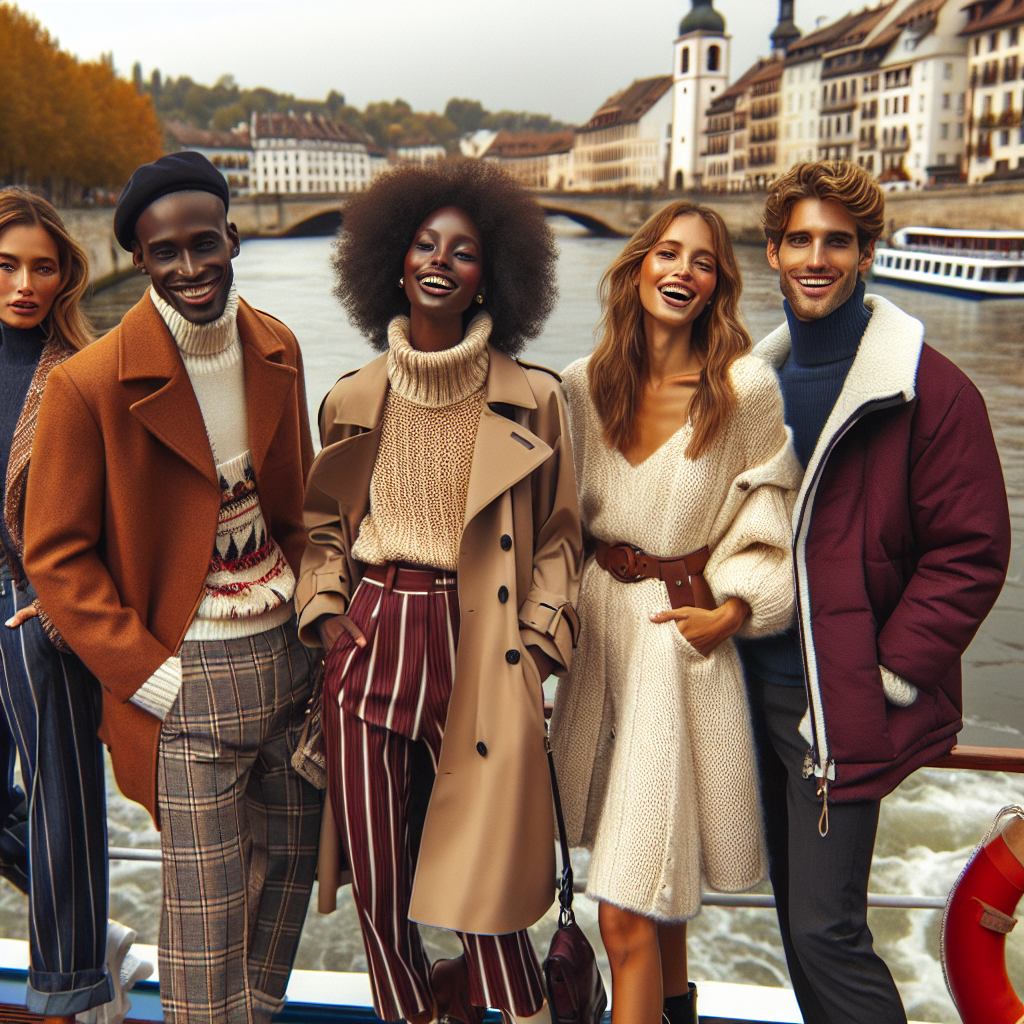 Stunning October River Cruise Outfits in Europe Create an image of a group of people on a river cruise in Europe in October. They are dressed in stunning outfits suitable for the autumn season. On the left, a Hispanic male is wearing a well-tailored caramel-colored jacket and striped trousers. Beside him, an African female sports a stylish burgundy trench coat and black boots. On the right, a Caucasian female in a cream, chunky-knit sweater dress is laughing with a Middle-Eastern male in a navy and white puffer jacket. The backdrop shows a scenic European city with a hint of the fall season.