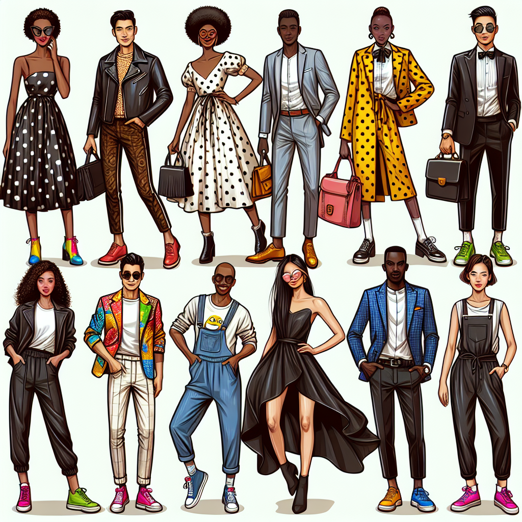 Must-Have Outfits for Comedy Show: Effortlessly Chic! An array of different outfits suitable for attending a comedy show, blending humour with style. Firstly, an Asian woman in an effortlessly chic ensemble, consisting of a playful polka dot dress paired with a leather jacket and ankle boots. Secondly, a Black man in a colourful, funky blazer, white shirt, and sleek jeans accessorized with a playful bow tie. Thirdly, a Hispanic woman dressed in a comfortable yet classy jumpsuit paired with high heels and a bold handbag. Finally, a South Asian man in a trendy graphic tee, blazer, and chinos with vibrant sneakers.