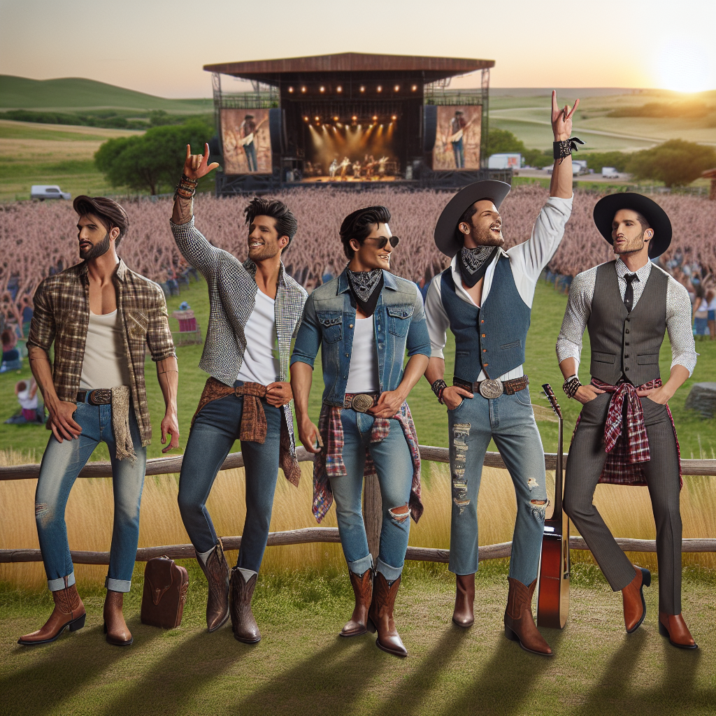 Country Concert Style: Must-Have Men's Outfits Imagine an outdoor landscape with a country music concert setting. In this picturesque scene, there are four stylish men of different descents such as Black, Asian, Caucasian, and Hispanic, who are showing off their must-have country concert outfits. One man is wearing a traditional plaid shirt, denim jeans, and a cowboy hat. Another is donned in a denim jacket, a white T-shirt, brown leather boots, and a bandana around his neck. The third man sports a modern country look with a western shirt, slim-fit jeans, and ankle boots. The fourth man is in a vest, tailored jeans, a bolo tie, and a stylish Stetson. All of them are cheering, dancing, and enjoying the concert.