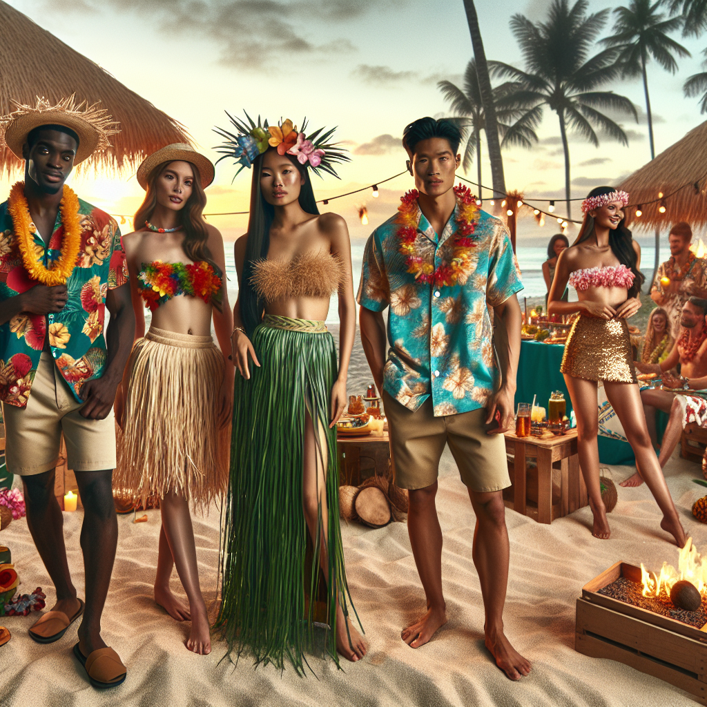 An outdoor scene set at a luau party showing several people wearing colorful luau party outfits. The first person, a Black man, is in a vibrant floral shirt, straw hat, and khaki shorts. Beside him, an Asian woman is seen wearing a grass skirt, a coconut bra, and a lei around her neck. Another white woman dazzles in a tropical maxi dress, while a South Asian man wears a traditional aloha shirt. Beyond them, partygoers are seen enjoying the festivities with torches, traditional Hawaiian music, Hawaiian food tent, and the setting sun on beach background.