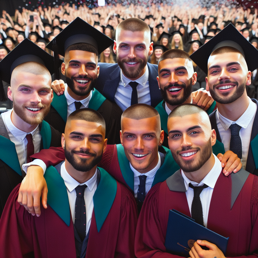 A group of five men sporting various versions of the buzz cut hairstyle are standing together and celebrating at a graduation ceremony. Each of them is distinct: a White man in a black suit, a Black man in a burgundy suit, a South-Asian man in a navy blue suit, a Middle-Eastern man in a light grey suit, and a Hispanic man in a forest green suit. They are all wearing corresponding university graduation gowns and caps open top to show their buzz cut, holding their diplomas and smiling broadly. A festive atmosphere can be sensed, with confetti in the air and cheering crowds in the background.