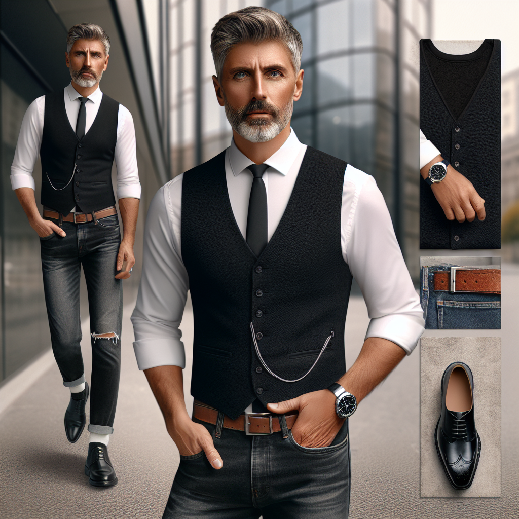 What to Wear with a Black Vest Men: Must-Have Styles! Create a dynamic fashion reference image featuring a middle-aged, Caucasian man dressed stylishly in a black vest. Pair the black vest with a classic white dress shirt and a pair of dark blue jeans. Don't forget to add a few essential male accessories: a silver wrist watch, black leather shoes, and a rustic brown leather belt. His haircut is neat and elegant, indicating a sense of class and professionalism. The background is a modern urban street, adding a metropolitan feel to the composition.