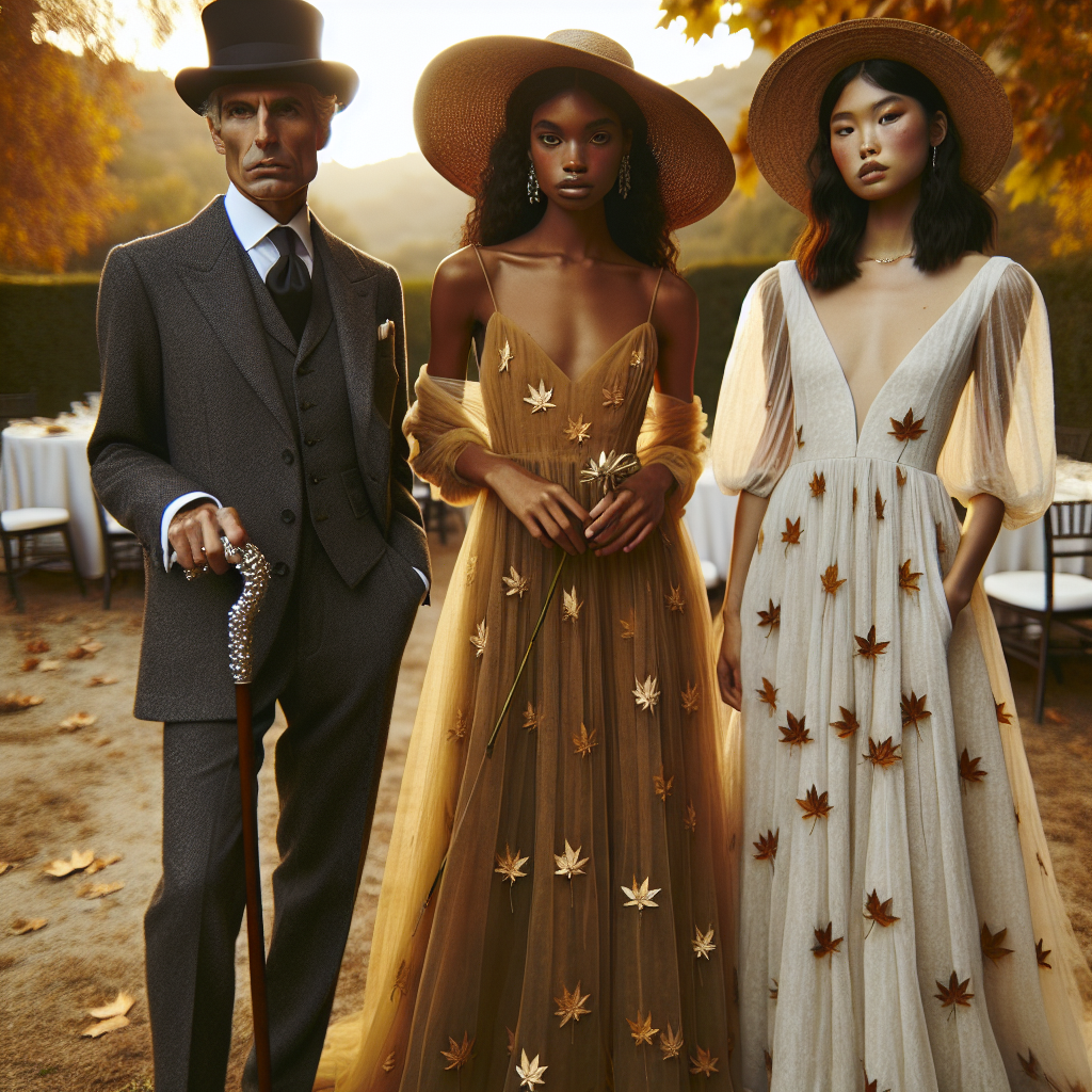 Stunning Fall Bridal Shower Outfits for Every Guest Imagine a stunning mid-autumn scene at an outdoor bridal shower. On the left side is an elder Hispanic man in refined attire, with a dark grey suit, matching top hat, and a cane studded with delicate platinum details. To the right, a young Black woman is elegant in a floor-length, mustard-colored chiffon dress adorned with small, delicate maple leaf prints, holding a large straw sun hat. In the center, there's an East Asian woman in her twenties wearing an a-line, three-quarter sleeved white dress, diversified with a pair of maroon leather boots for a rustic feel. Behind the trio of guests, the setting is enchanting with fall-colored leaves strewn on the ground and late afternoon sun rays mellowing the ambiance.