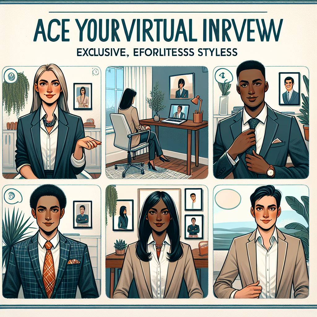 Ace Your Virtual Interview: Exclusive, Effortless Styles Create an illustration demonstrating styles for acing a virtual interview: 1) Show a tidy, well-lit home office, featuring a desk with a laptop open to a video call screen. 2) Include side-by-side portraits of four individuals who are dressed for success: a Caucasian woman with a sleek office blouse, a Black man in a smart-casual shirt, a South Asian woman donning a fashionable blazer, and a Middle-Eastern man demonstrating a professional dress shirt. Ensure that all outfits exhibit neatness and simplicity, representing effortless styles. 3) Add a text overlay that reads 'Ace Your Virtual Interview: Exclusive, Effortless Styles'.