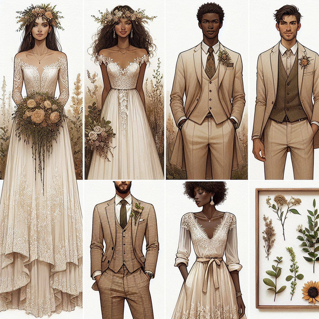 Stunning Rustic Wedding Outfits: Must-Have Styles! Visualize a stunning collection of rustic wedding outfits. The first outfit showcases a long, flowing wedding dress made of delicate ivory lace, adorned with a rose tiara for a female of Hispanic descent. The second one brings to life a dapper ensemble for a Middle-Eastern male featuring a tailored, linen suit with a sunflower boutonniere. Additionally, imagine an African bride sporting an earth-toned, high-low dress with succulent bouquet. Lastly, picture an Asian groom in a laid-back yet elegant attire consisting of khaki slacks, a white shirt, and a boutonniere made with wildflowers. These must-have styles embody warmth and simplicity that a rustic wedding invites.