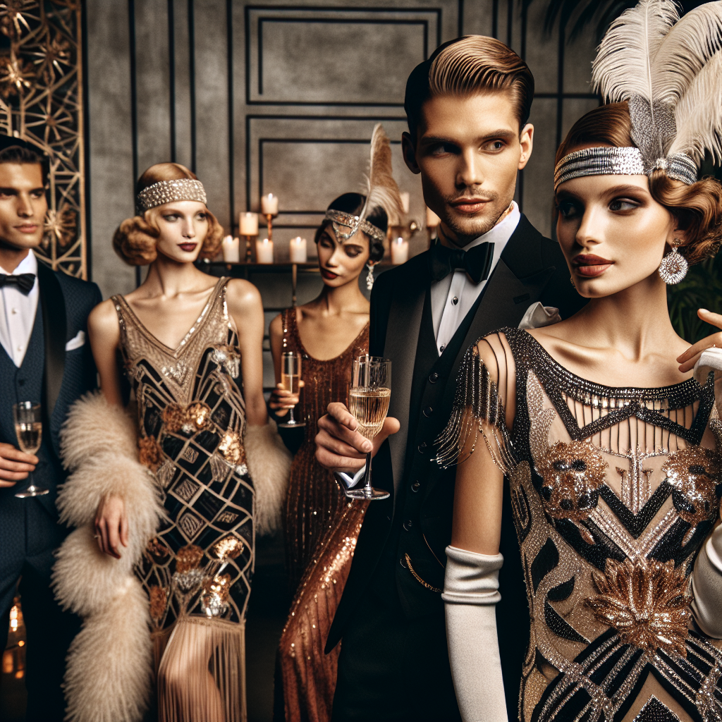 A luxurious and elegant twenties themed party, capturing the spirit of F. Scott Fitzgerald's 'The Great Gatsby'. Visualize people fashionably dressed, capturing the essence of the roaring twenties. A woman with an intricate flapper dress, sparkling with sequins and complemented by a feathered headband. Another woman in a beaded gown, showing off the rich tones and patterns of the era. A man in a sharp black tuxedo, complete with a bow tie, paying homage to the formal fashion. A second man in a tailored three-piece suit reflecting the suave style of the decade. All individuals in this setting are of diverse descents, like Caucasian and Hispanic.