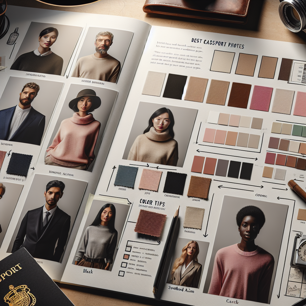 Stunning Style Guide: Best Colors for Passport Photos Imagine a detailed scene of a style guide layout on a desk, illuminated by ambient light. The guide conveys the best color choices for passport photos. Display diverse selections of clothing in soft tones like pastels and warm neutrals. Also show examples of headshot photos with individuals of varied genders and descents such as Hispanic, Southeast Asian, Black, and Caucasian, each wearing the suggested colors. Further visuals could include color swatches mentioned, a camera, and a passport. Add annotations pointing to key features, with style tips written in elegant calligraphy. Keep the overall design professional and chic.