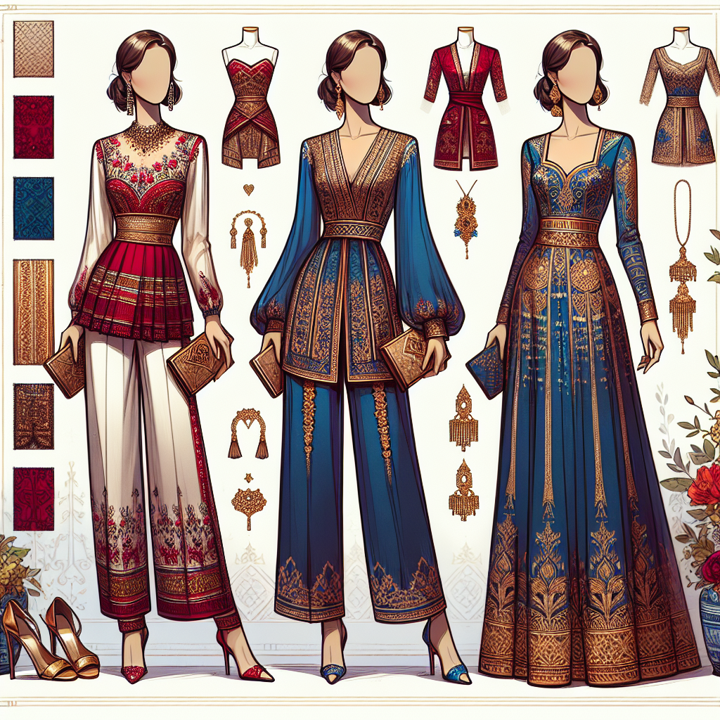 Exclusive Guide: Best Outfits for a Quinceanera Guest Visualize a collection of fashion-forward outfits ideal for attendees at a Quinceanera. Display three outfits, each on a mannequin showcasing different sartorial styles. The first mannequin, dressed in a Hispanic-style embroidered cocktail dress, the second, in a South Asian inspired high-waisted pant suit with intricate prints, and the third one, in a Middle-Eastern influenced, semi-formal long dress with golden accents. Illustrate vibrant colors typical for such occasions, like deep red, royal blue, and emerald green. Remember to include suitable accessories: earrings, necklaces, clutches, and formal shoes.