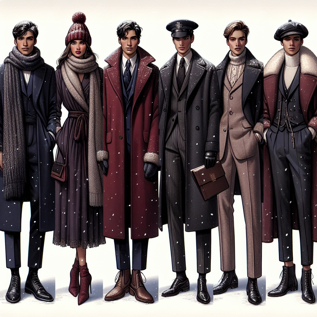 Winter Graduation Outfits: Stunning, Effortless Styles Create an image showcasing a diversity of stunning and effortless winter graduation outfits. The image should show a group of five individuals of varying descents and genders. Depict one person in a natty Black descent male wearing a navy blue graduation gown, paired with a knitted scarf and woolen cap. The second person should be a stylish Caucasian woman in a maroon graduation gown, complemented with a beret and leather boots. Thirdly, show a chic Middle-Eastern descent male in a charcoal grey graduation gown, accented with a fur collar and suede gloves. The fourth individual should be an elegant South Asian descent woman in a crimson graduation gown, coordinated with a stole and high-heel boots. Lastly, visualize an fashionable Hispanic descent male in a classic black graduation gown with a pea coat and earmuffs. The background should evoke a wintry feel, with falling snow and a chill in the air.