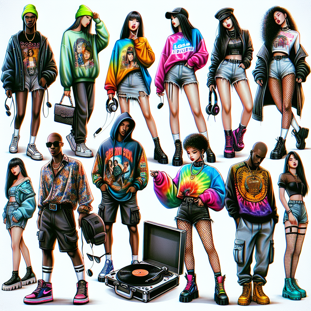 Imagine a vibrant collage of different outfits suitable for a disc jockey concert. On one side, picture an Asian woman confidently posing in a neon beanie, oversized graphic t-shirt, ripped jeans, and high-top sneakers, her headphones casually draped around her neck. Next to her, envision a Caucasian man wearing a stylish tie-dye shirt, cargo shorts, and chunky boots, with a flat-brim cap worn backward. Further on, portray a Black woman in a vibrant sequin bomber jacket, high-waisted shorts, fishnet stockings, and platform boots, gleaming under concert lights. Lastly, create a Middle-Eastern man rocking a graphic hoodie, black skinny jeans, and vibrant sneakers, clutching a record box. This bustling scene should encapsulate both style and comfort, resonating with the tantalizing energy of DJ Concerts.