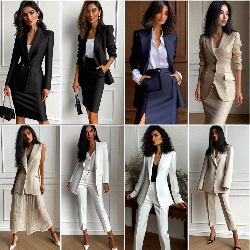 A collection of women's suits perfect for any occasion, showcasing a range of styles and fabrics. The first ensemble is a classic black blazer and skirt combination worn by a middle-eastern woman, exuding sophistication and business chic. The next outfit features a chic pantsuit on an Asian woman in an eye-catching shade of royal blue. A third outfits presents a South Asian woman in a modern, white tuxedo-style suit, displaying elegance and contemporary flair. Lastly, a black woman is posing in a crisp, beige linen suit, epitomizing casual yet stylish summer wear.