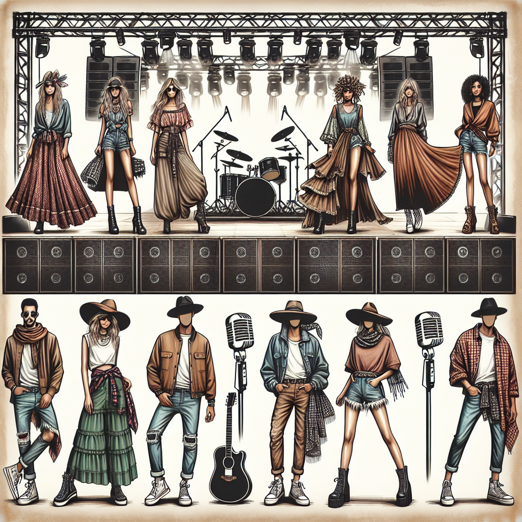 Stunning Outfits for Gracie Abrams Concert: Effortless Style Show a collage of stunning outfits ideal for a music concert. At the center, visualize a stage with microphones and speakers, indicating the environment where these outfits will be worn. The selection of garments should reflect an effortless style, including comfortable jeans, flowing skirts, stylish boots, and bold accessories. Depict a diverse group of models displaying the outfits - a Middle-Eastern woman in a trendy jacket, a Caucasian man in a stylish hat, a Hispanic woman with a fashionable scarf, and a Black man in a cool pair of sneakers.