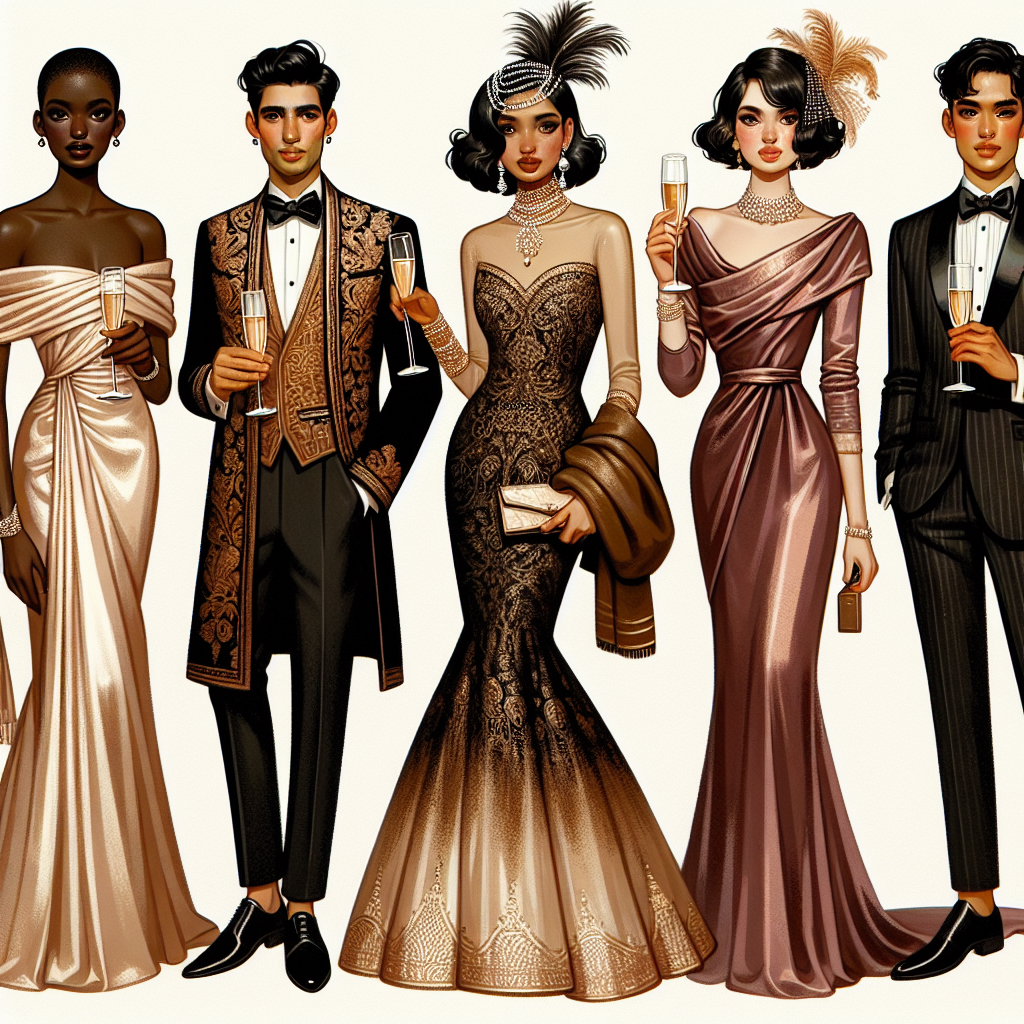 Must-Have Looks for Formal Wedding and Elegant Dinners Illustrate an elegant scene depicting must-have fashion looks for formal weddings and lavish dinners. Show a long, satin, mermaid-style dress worn by a Black woman, her hair styled into a chic updo adorned with delicate pearls. Also, feature an Indian man in a traditional Sherwani suit with intricate gold embroidery. In addition, include a Hispanic woman wearing a mid-length velvet dress, her styled bob with a vintage feathered fascinator. Lastly, present an East Asian man in a tailored black tuxedo, his tie a bright, contrasting color. All of them holding champagne glasses, imbuing the image with a sense of festivity and sophistication.
