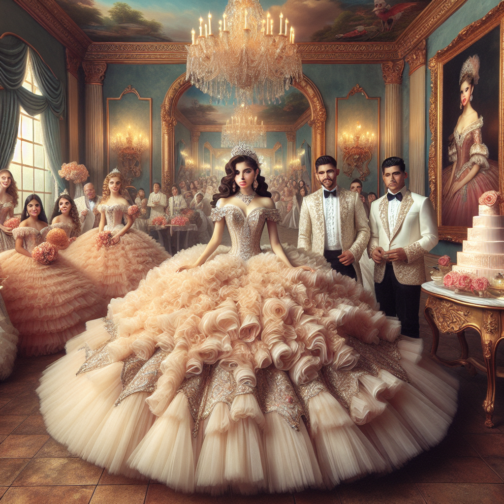 Visualize a vibrant scene showcasing the elegance of traditional Hispanic culture through the portrayal of a Quincea&ntilde;era event. In the center, a young Hispanic girl, dressed in a stunning, exuberant ball gown lavishly adorned with layers of tulle and intricate beadwork, radiates beauty and youthful vigor. Adding to this picturesque scene is a crowd of joyous attendees including two Hispanic male family members, both donned in formal attire accentuating the significance of the occasion. An elegant cake table set in Rococo artistic style stands in the background, accentuating the grandiose atmosphere. Capture the charm and essence of a classic Quincea&ntilde;era celebration.