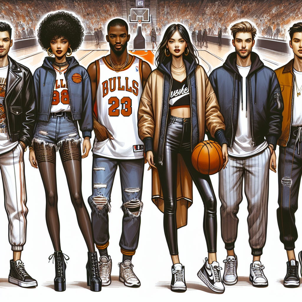 An in-depth visual guide on what to wear to a basketball game. The image will feature 6 fashion-forward individuals of different descents and genders, each showing off their unique style. Member 1: a Middle-Eastern woman in a chic and sporty leather jacket pairing with stylish distressed jeans and sneakers. Member 2: a Hispanic man sporting a basketball team jersey with trendy denim shorts and classic high-top sneakers. Member 3: a Black woman in a trendy oversized hoodie, bicycle shorts, and ankle boots. Member 4: a South-Asian man in a relaxed-fit T-shirt, joggers, and slip-on sneakers. Member 5: a Caucasian woman sporting a fitted tank top, leather leggings, and sporty trainers. Member 6: a White man with a fashionable bomber jacket, loose pants, and street-style sneakers. The background should be a bustling basketball stadium.