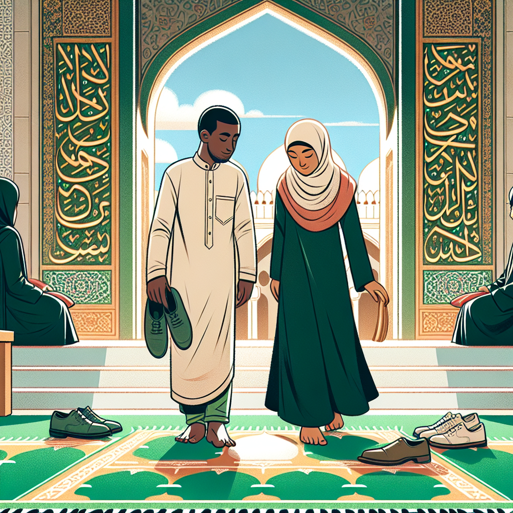 Produce an illustration teaching the principles of dress code for visiting a mosque. Show a Hispanic male and Black female dressed modestly in long garments that cover their arms and legs. Both are removing their shoes before entering the ornately decorated entrance of the mosque which has beautiful Islamic calligraphy. Flowing green and gold carpets lead towards the towering archway. Complementing the scene is a bright blue sky hinting at a serene day. Their faces reflect respect and anticipation. Remember: the overall atmosphere should be one of peace, reverence, and cultural appreciation.