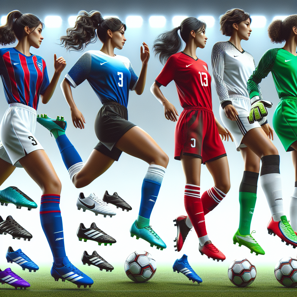 A vivid display of women's soccer game outfits that epitomize effortless style. This selection includes uniforms of three female players, all in full action. Imagine the first player, a Hispanic woman, scoring a goal, dressed in a dazzling blue and white uniform. Picture the second player, an Asian woman defending, wearing a striking red and black kit. The third player, a Black woman leading her team, is seen donned in a vibrant green and white uniform. Their outfits are complemented by apt accessories including airy soccer cleats, snug-fitting shin guards, and professional-grade goalkeeper gloves when needed.
