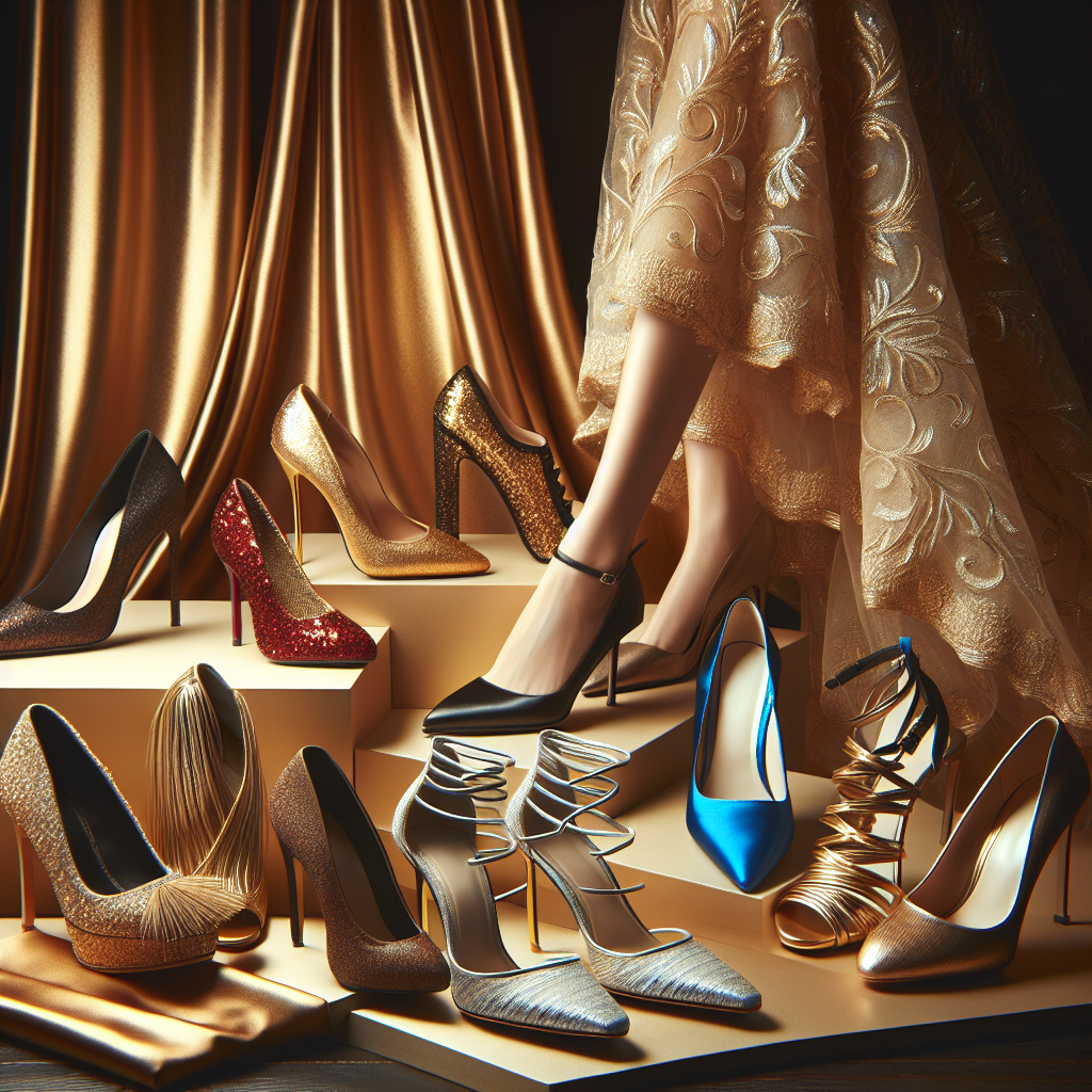 Visualize an array of stylish and high-end ladies' shoes, each with unique designs suitable for a lustrous gold dress. On the left, show a pair of elegant high heels in glittering ruby red. Next to them, showcase a pair of sophisticated black satin pumps. Towards the center, reveal a pair of glamorous sapphire blue stilettos. To the right, display a pair of classic white lace-up sandals, and finally, a pair of bronze leather peep-toe shoes at the far right. The backdrop is a sleek and shiny gold cloth, and the shoes should be arranged in a visually appealing manner.