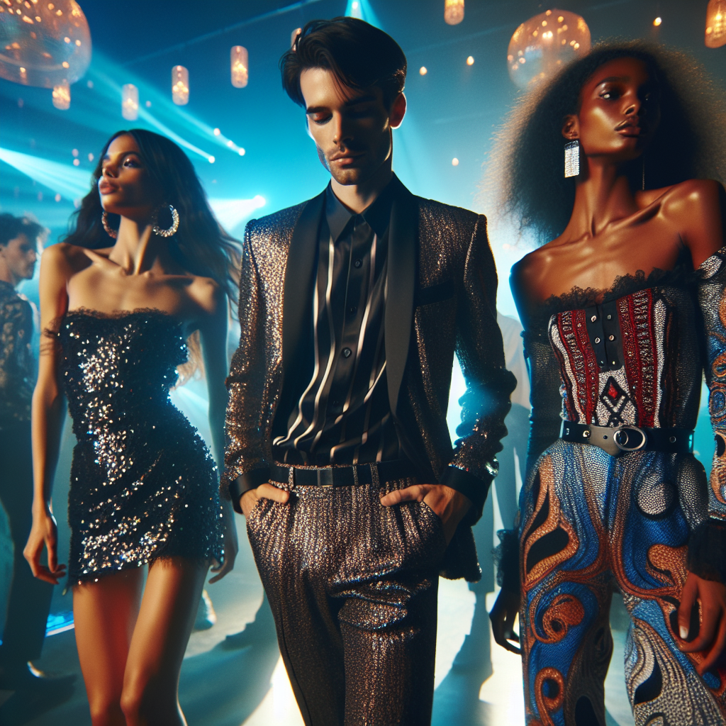 Show a scene inside a vibrantly lit dance club filled with people enjoying the music. Focus on three individuals with different descents: a Hispanic woman, a Middle-Eastern man, and a Black woman. Each of them is showcasing their unique must-have dance club outfits. The Hispanic woman is dressed in a sparkling sequin dress that flutters with her movements. The Middle-Eastern man sports a sleek black suit with a silk shirt underneath, illuminated by the club's light. The Black woman is wearing a bold, high-waisted jumpsuit with eccentric patterns. The atmosphere is lively, capturing an effortless style within the dance club scene.