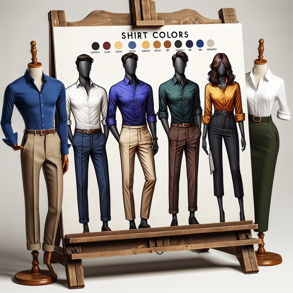 A stylish guide about shirt colors is being presented on a vintage-style foldable wooden easel. The guide showcases five mannequins with body shapes representative of a variety of genders and body types. Mannequin one is a Black slender female wearing a cobalt blue tailored shirt tucked into a pencil skirt. Mannequin two is a Middle-Eastern muscular male wearing a burgundy button-down shirt with black chinos. Mannequin three is a Caucasian transgender person in a casual yellow shirt paired with jeans. Mannequin four is a South Asian petite male sporting a forest green shirt with beige pants. Mannequin five is a Hispanic curvy female draped in a crisply ironed white shirt paired with wide-legged pants.