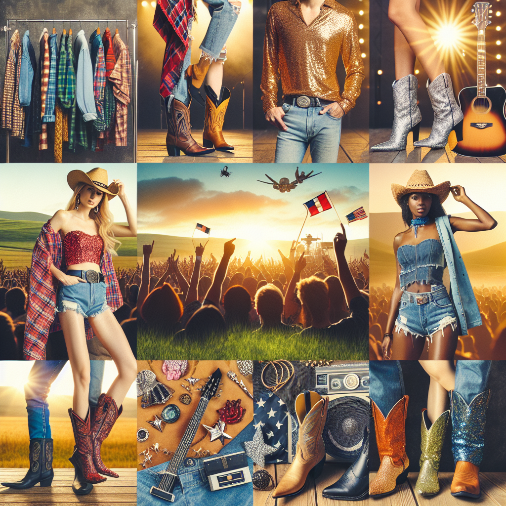 Must-Have Looks for a Parker McCollum Concert Visualize a group of enthusiastic fans preparing for a country music concert. Showcase a diverse variety of fashions, including cowboy boots, plaid shirts, denim jackets, and glittering accessories, tailored to both men and women from different descents such as South Asian, Caucasian, and Black. The ambiance should vibrate with excitement, with a soft backdrop of rolling sunlit fields, showcasing the beautiful rural aesthetic associated with country music.