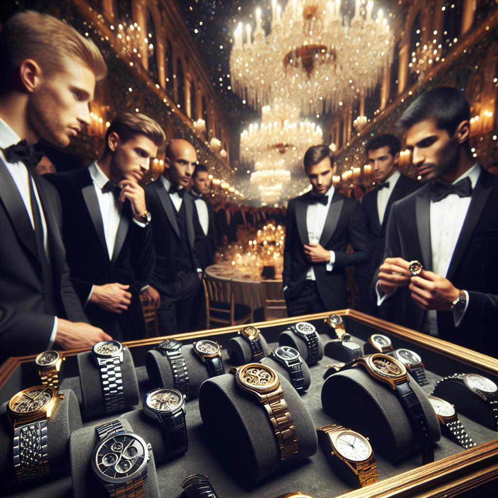Elevate Your Gala Style: Must-Have Men's Watches Envision a luxurious scene at an upscale gala event. Focus on a display of men's wristwatches, arrayed grandly on a velvet cushion. Imagine them in a variety of styles, from classic gold timepieces with intricate mechanics visible, to sleek modern designs in silver and black. Add depth with the rich hues of the gala interior, crystal chandeliers overhead, casting prismatic light over the opulent setting. People attending the gala should be well-defined. Include a few men of diverse descents such as Caucasian, Hispanic, and Black, appreciatively examining the watches while dressed in elegant tuxedos.