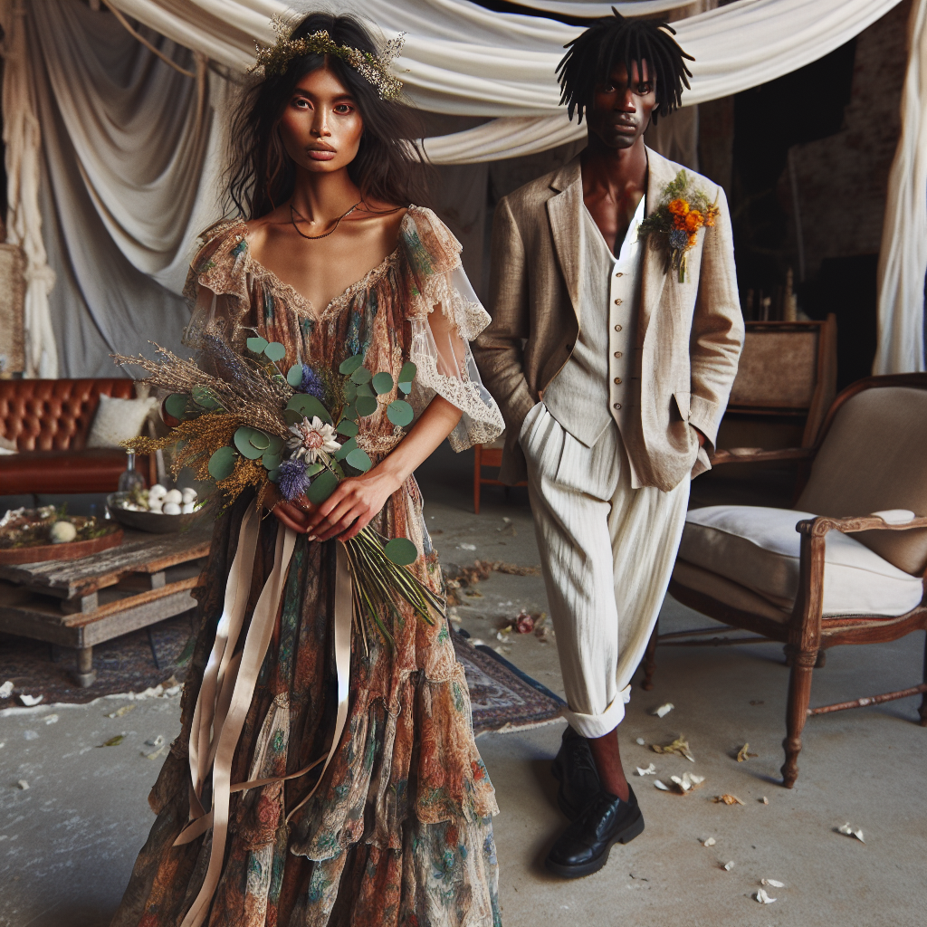 Must-Have Styles: What to Wear to a Boho Wedding A South Asian woman stands in a stylized, bohemian wedding environment. She dons a flowing, floral maxi dress in earthy tones with intricate lace details. A delicate flower crown adorns her tousled, voluminous hair. She carries a rustic bouquet strewn with wildflowers. Next to her, a Black man is dressed in a linen suit with a loose tie, a bright floral boutonniere pinned to his lapel. His hair is styled in neat dreadlocks. Both are without shoes, embodying the free-spirited boho vibe. In the background, repurposed vintage furniture and canopies of flowing fabric set the scene.