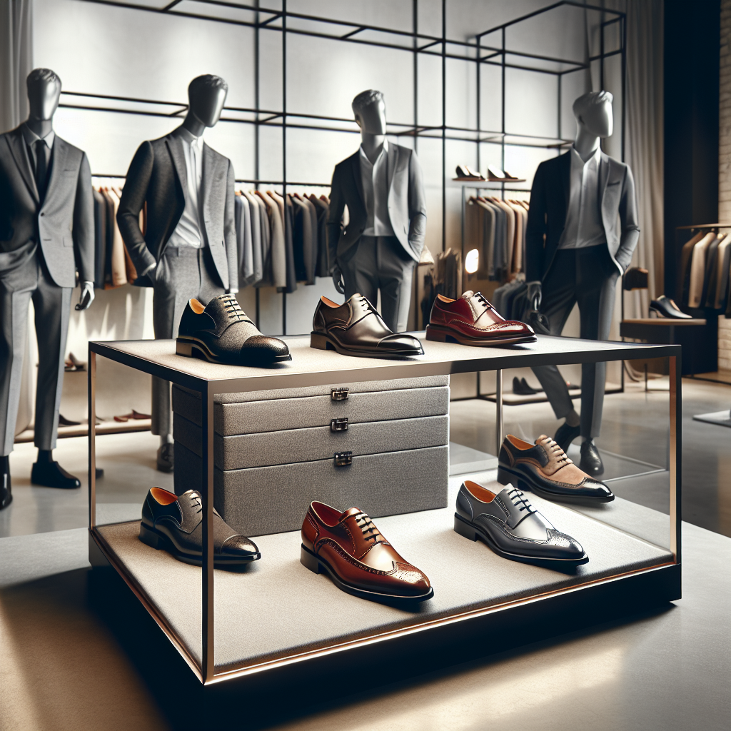 Must-Have Shoes for Gray Suits: Best Picks Showcase a scene in a stylish boutique selling high-end fashion items. In the display, spotlight six pairs of must-have shoes chosen ideally to match gray suits. The selection should be a mix of smart, formal footwear like loafers, oxfords, and brogues, in shades such as black, brown, and burgundy. In the background, subtly, show a male DRESSMAN of Middle-Eastern descent and a female DRESSWOMAN of Hispanic descent dressed in crisp, well-fitted gray suits for context and contrast. Be sure to present an upscale, sophisticated atmosphere symbolic of fashion industry elegance.