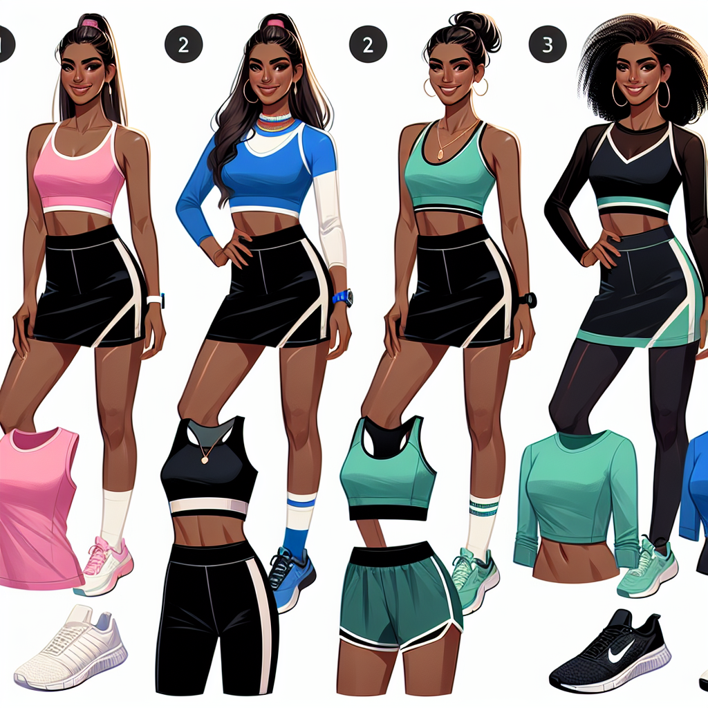 Create an image showcasing a detailed style guide for pairing clothes with a black athletic skirt. The illustrated ensemble should incorporate vibrant-colored fitness tops, comfortable footwear suitable for athletic activities, and suitable accessories like a sweatband or fitness watch. In the image, depict a diverse range of women showcasing these styles - a Hispanic woman with a pink sports top, a White woman with a blue sports top and a Black woman wearing a green sports top. Each of the women should portray confidence and style, emphasizing the versatility of a black athletic skirt in sportswear.