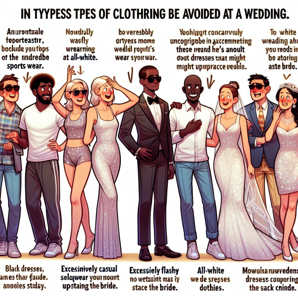 Must-Have Guide: What NOT to Wear at a Wedding Visualize an informative guide about the types of clothing that should be avoided at a wedding. The image might include various styles of unacceptable attire such as overly casual sportswear, excessively flashy sequined outfits, and all-white dresses that might upstage the bride. Also depict people unknowingly committing these fashion faux pas and people reacting with surprised expressions. Make each person diverse: one Caucasian woman making the mistake of wearing all-white, a Black man in too casual attire, and a Middle-Eastern man in a too flashy suit.