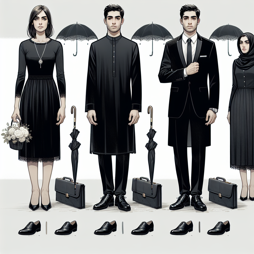 Illustrate a sequence of three scenes showing different respectable and elegant funeral attire. The first one is a Caucasian woman in a tasteful knee-length black dress with a discreet necklace and sensible shoes. The second image is of a South Asian man wearing a black traditional kurta with matching shoes. The third image showcases a Middle-Eastern man in a sleek black suit, a white shirt, and a black tie, complementing with polished shoes. Add somber details like a white flower on the coat, black umbrellas, or tear-streaked cheeks to enhance the overall atmosphere.