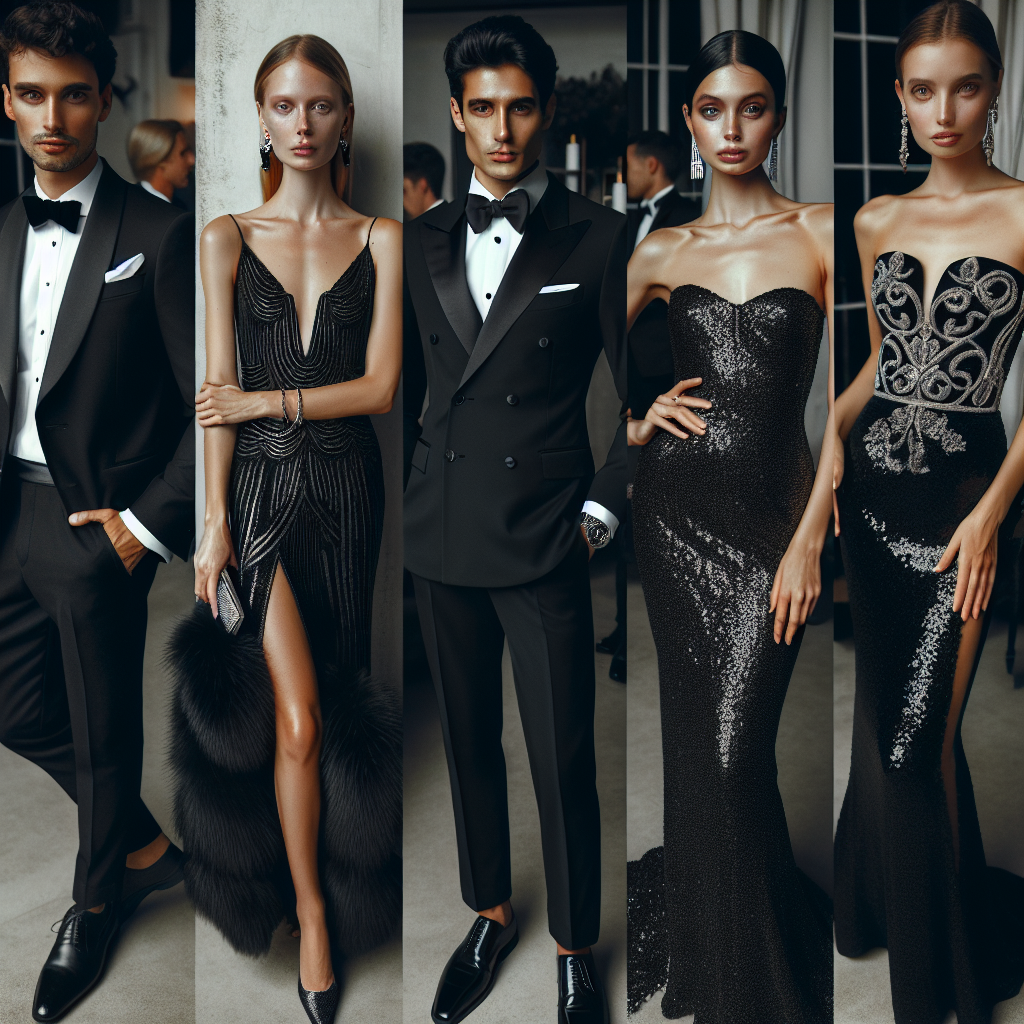 Stunning Black Tie Attire: Effortlessly Chic Choices An elegant black tie event featuring many guests dressed in a variety of effortlessly chic choices. There's a middle-eastern man in a sleek black tuxedo with a classic white dress shirt and black bow tie, paired with polished oxford shoes. Beside him, a Caucasian woman in a figure-hugging sequined black gown with a plunging neckline and a luxe faux fur stole. Further off, a Hispanic man exhibits a sophisticated look, wearing a double-breasted tuxedo with a sharp black tie. Lastly, a South Asian woman radiates elegance in a fit-and-flare black dress with silver embroidery. The overall atmosphere is glamorous and chic.