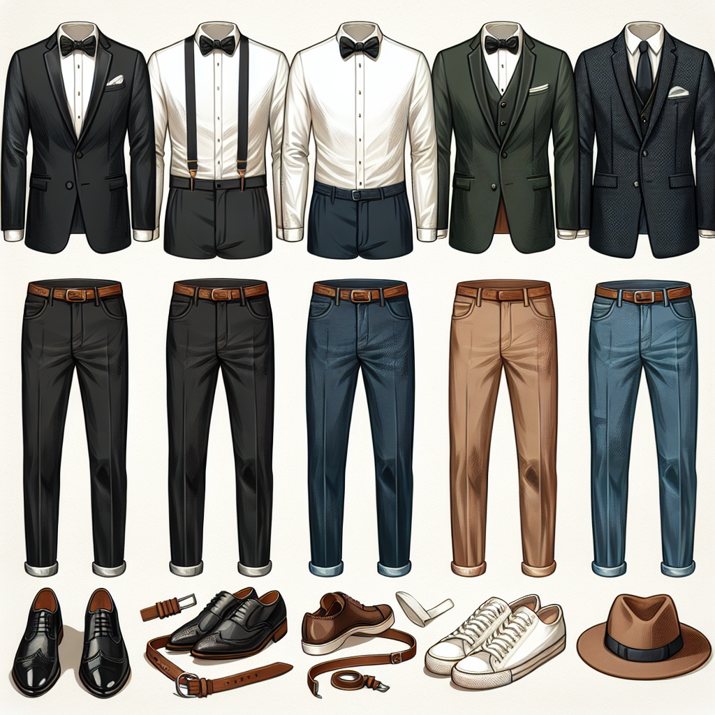 Create an image that depicts a variety of ensembles that could be considered must-have men's attire for Broadway shows. Include a predominately formal black and white tuxedo &ndash; black trousers, a white shirt, a black bow tie, and a black jacket &ndash; perfect for an opening night. Add a semi-formal alternative: dark blue jeans, a light blue dress shirt, a brown leather belt, and a dark gray blazer. Finally, depict a casual outfit, consisting of khaki trousers, a white t-shirt, a green utility jacket, and a brown fedora. Ensure that each outfit includes coordinating footwear: black dress shoes for the tuxedo, brown leather loafers for the semi-formal look, and white sneakers for the casual attire.