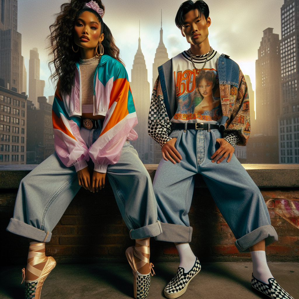 Picture this: a vibrant ensemble that pays homage to 90s fashion trends, but tailored to the aesthetic of a ballet matinee. At the center, a Latina professional ballet dancer dressed in an oversized, pastel windbreaker and baggy denim jeans, her hair swept high in a scrunchie. Accompanying her, an Asian male ballet dancer sporting a vintage graphic tee, checkerboard slip-ons, and wide-legged khakis. In the background, an urban cityscape softly muted by the glow of the afternoon sun, a reminder of the decade that these styles hail from. The attire vibrates with the electric energy of the 90s, yet gracefully harmonizes with the refined elegance of ballet.