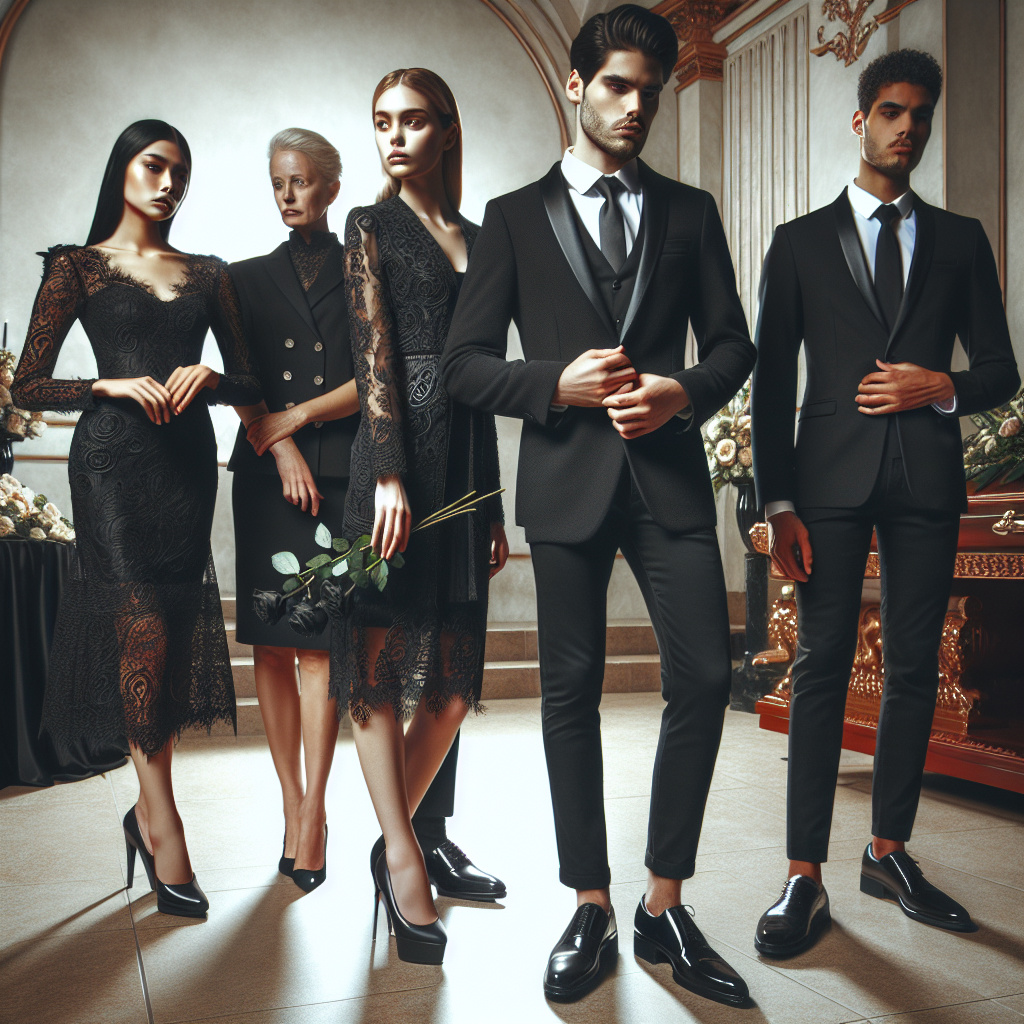 Stunning Funeral Attire: Dress with Respect & Style Portray a respectful and stylish funeral scene. Include a diverse group of people, each displaying elegant attire suitable for a funeral. Among them, there's an Asian woman adorning an intricate black lace dress and a Middle-Eastern man respectfully dressed in a formal black suit with a charcoal tie. Nearby, a Caucasian woman is elegantly dressed in a stylish black coat and a pair of shiny black shoes. Lastly, feature a black man tastefully dressed in a classic black tailcoat with a silk handkerchief. Evoke a solemn, yet dignified atmosphere.