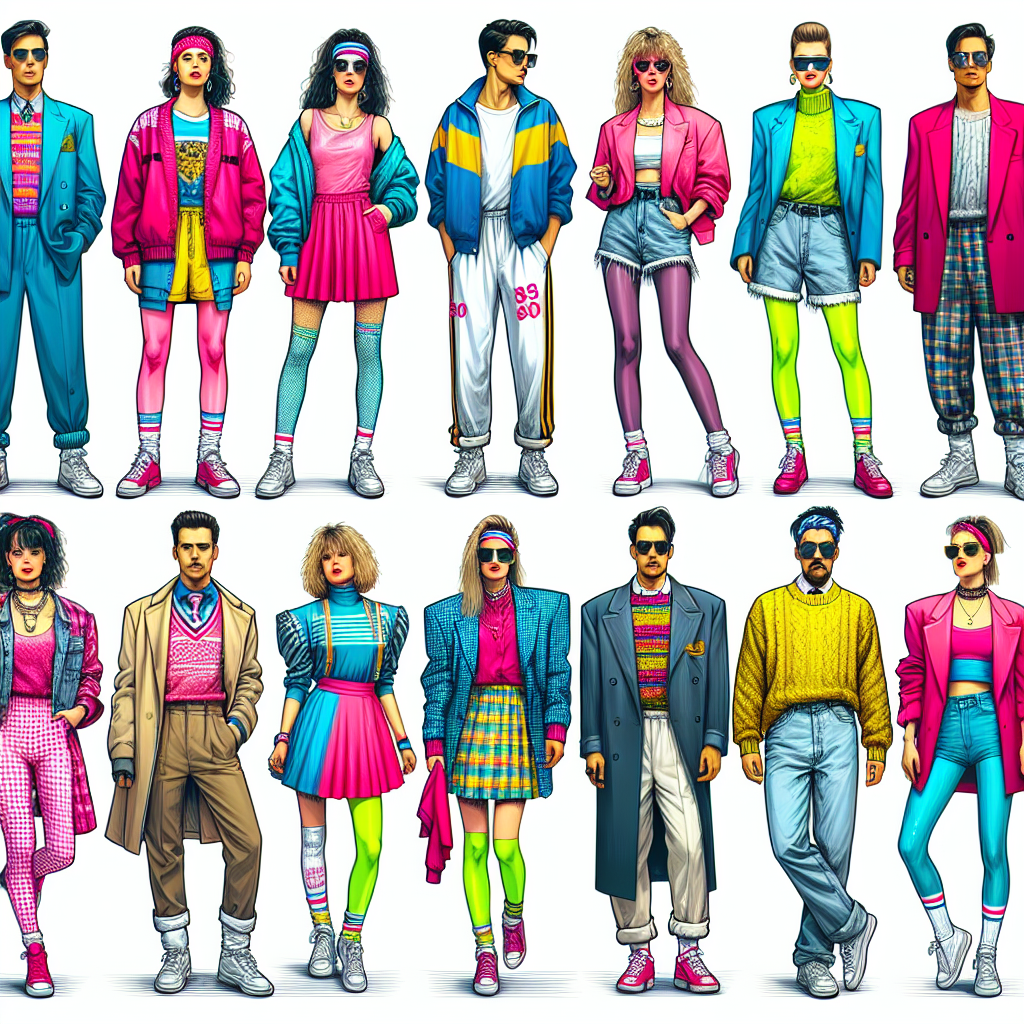 Must-Have Outfits for a Stunning 80s Party Look Create an image showcasing the definitive fashion of the 1980s, perfect for an 80s-themed party. The image should display a variety of outfits tailored for both men and women. Include typical attire such as brightly colored track suits, oversized blazers with rolled up sleeves for men, and neon-colored leggings, mini-skirts, big shoulder dress and oversized sweaters for women. Don't forget popular accessories, like fingerless gloves, scrunchies, sunglasses, and headbands. Half of the individuals in the image should be Middle-Eastern men and women, while the other half should be Hispanic men and women, each displaying a unique pièce de résistance from the era.