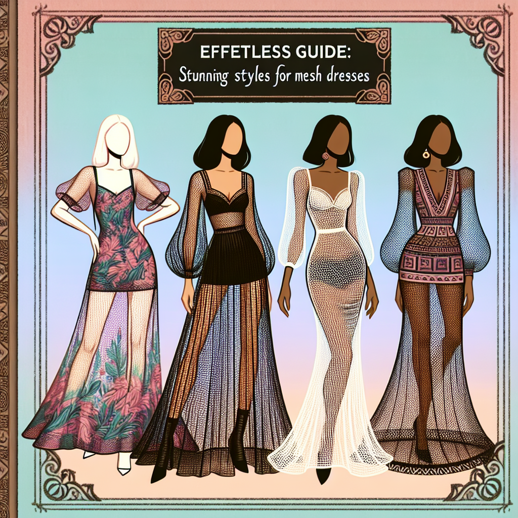 Effortless Guide: Stunning Styles for Mesh Dresses An elaborate fashion guidebook cover showcasing a variety of stylish mesh dresses, each having distinct designs and patterns. Imagine a Caucasian woman elegantly posing in a long, floral-patterned mesh dress with a high slit, a Black woman gracefully standing in a chic, short mesh dress with polka dots, and a Middle-Eastern woman confidently modeling in a floor-length mesh dress adorned with geometric patterns. Consider the backdrop to be a pastel gradient, and the title 'Effortless Guide: Stunning Styles for Mesh Dresses' adorning the top bounded by ornate borders.