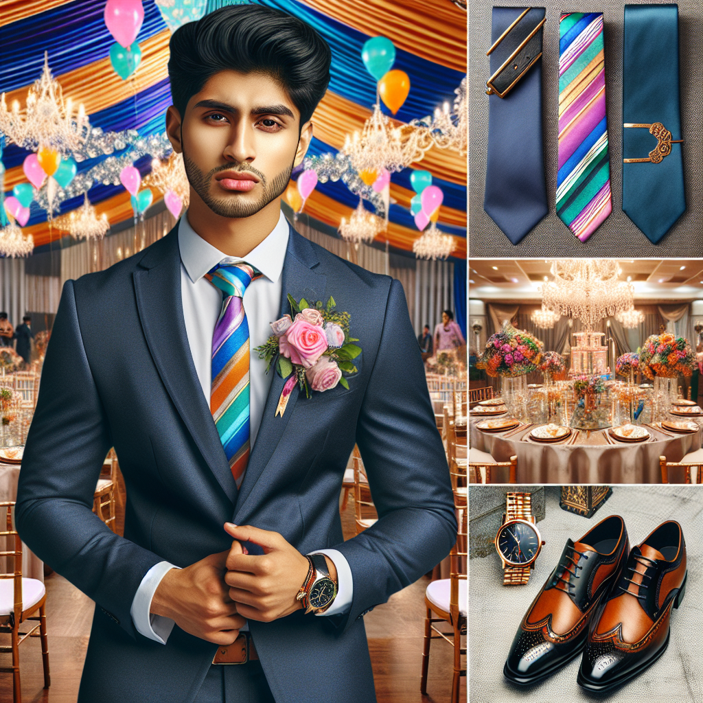Create an image that represents a sophisticated guide on what to wear to a Quinceanera as a male guest. The image should show a South Asian man dressed in a sharp, formal outfit, which could include a crisp blue suit, a white dress shirt, and a vibrant, color-coordinated tie. Accessories such as a sleek wristwatch and shiny leather shoes can be added for extra polish. To emphasize the celebratory nature of the event, include elements like a beautifully decorated hall in the background with festive banners, balloons, and a tastefully arranged table with a floral centerpiece.