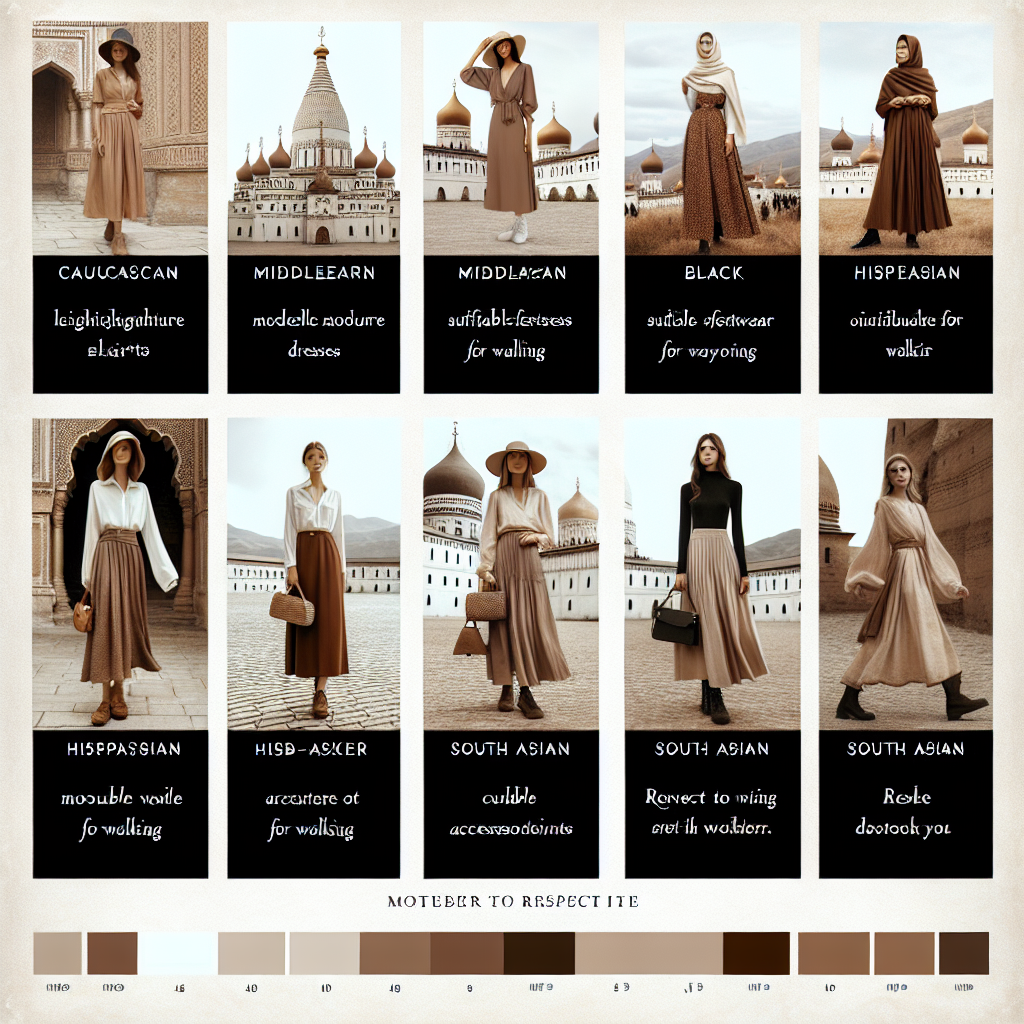 Stunning Outfits for Monastery Visits: Effortless Elegance A fashion lookbook showcasing stunning outfits for visiting monasteries. The images should depict effortless elegance, with an ensemble that could include lightweight, moderate dresses and skirts in soft earth tones, suitable footwear for walking, modest shirts or blouses, and complementary accessories like scarves or hats. Include men and women of various descents such as Caucasian, Middle-Eastern, Hispanic, Black, South Asian, alternated fairly throughout the series. Remember to respect the serene and spiritual atmosphere of the location.