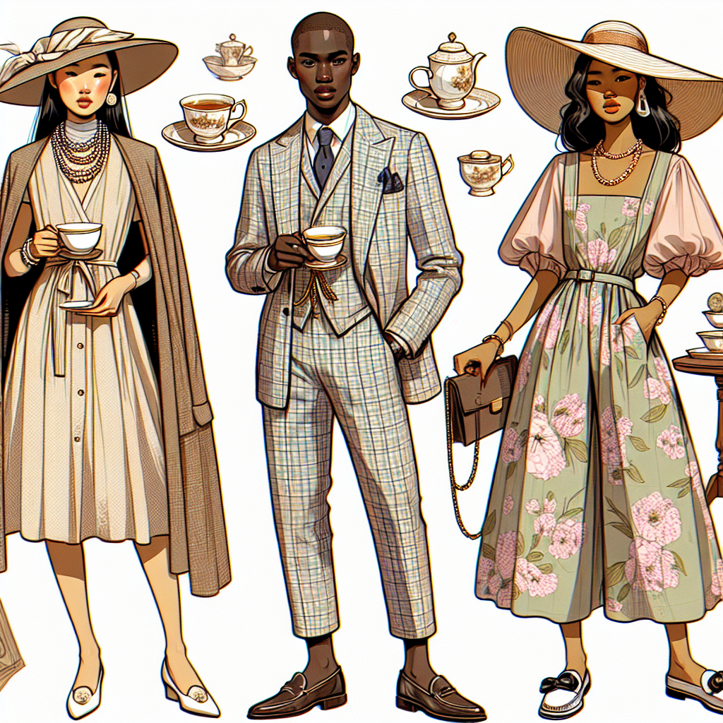 An image depicting a series of must-have outfits for a high tea event. Please depict three fashionably dressed individuals each of different gender and descent. Firstly, an Asian woman elegantly dressed in neutral tone dress with a cape-style blazer, pearl necklace and a fancy hat. Secondly, a Black man, looking dashing in a pastel coloured tweed suit, pocket square, and loafers. Lastly, a Hispanic non-binary person in a chic floral jumpsuit paired with a wide-brimmed sun hat and classic loafers. Each person should be seen holding a tea cup, amidst a setup of a traditional high tea.