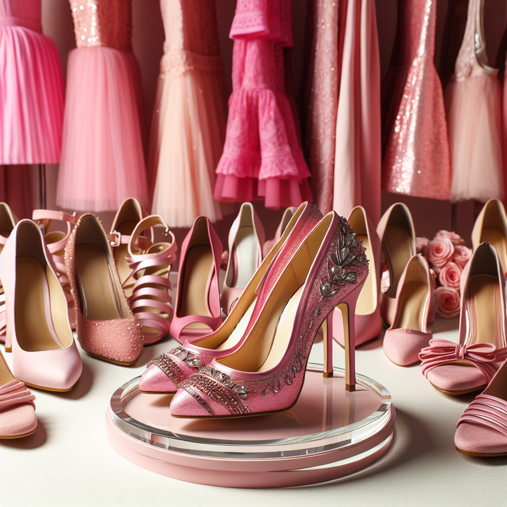 Stunning Shoes for Pink Dresses: Effortless Style Choices A beautifully organized collection of lively colored shoes that perfectly match with pink dresses. In the front, there is a pair of pink stiletto heels elegantly placed on a glass pedestal, showcasing intricate designs and shimmering details on the side. Just behind them, various other types of shoes can be seen including ballet flats, strappy sandals, and wedge heels, all in different shades of pink. The background consists of an assortment of pink dresses, ranging from pastel tones to vivid hot pink, emphasizing the theme of effortless style choices.