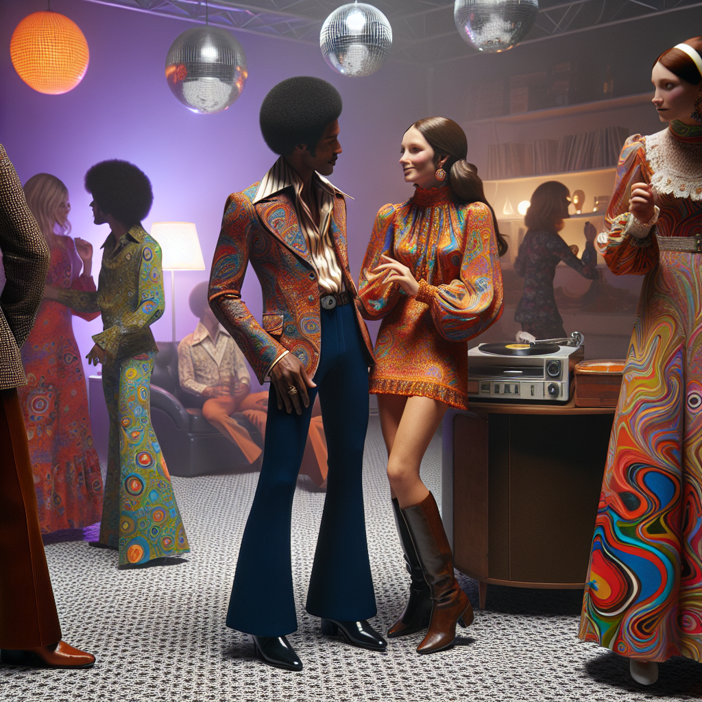 Visualize a scene from the 70s, showcasing a party atmosphere. Imagine a Hispanic woman wearing a vibrant, psychedelic mini dress, dancing with a Black man who&rsquo;s decked out in high-waisted bell-bottoms and a fitted satin shirt. Nearby, a Caucasian man is seen in a multi-colored paisley suit and wide-collar shirt, chatting with a woman of Middle-Eastern descent, clad in an eccentric balloon sleeve maxidress with abstract patterns. In the background, glimpses of disco balls, vinyl records, and lava lamps complete the ambiance.